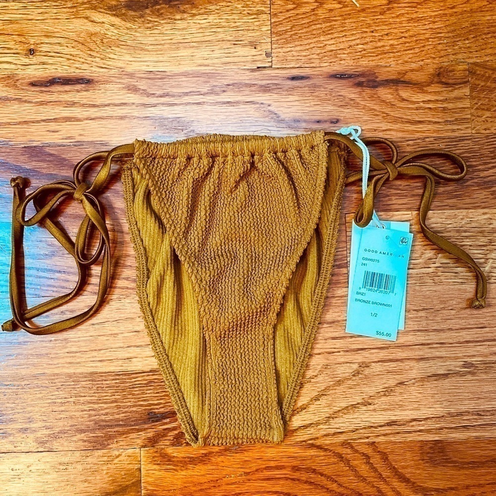 New Good American‎ Always Fits Tiny Ties Bikini Bottom Bronze Brown Sz 1/2 S-M